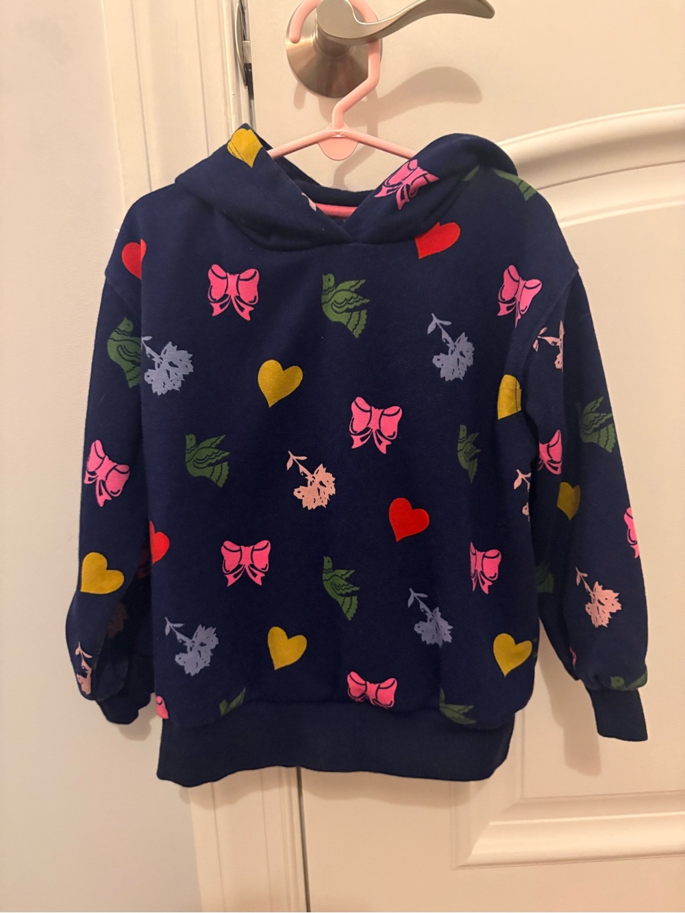 Mini Boden Navy Hoodie with Pink Bows & Multicolor Hearts